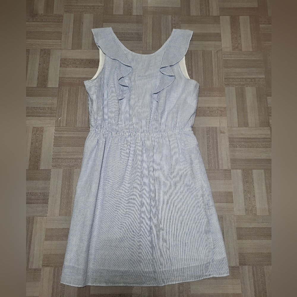 Striped Ruffle-Front Sleeveless Dress - Light Blue